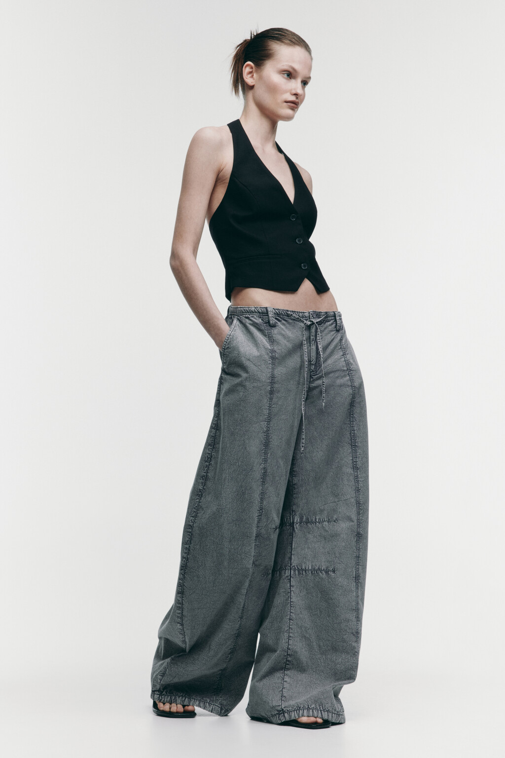 Брюки-парашюты широкие с вареным эффектом - цвет серый - 1
