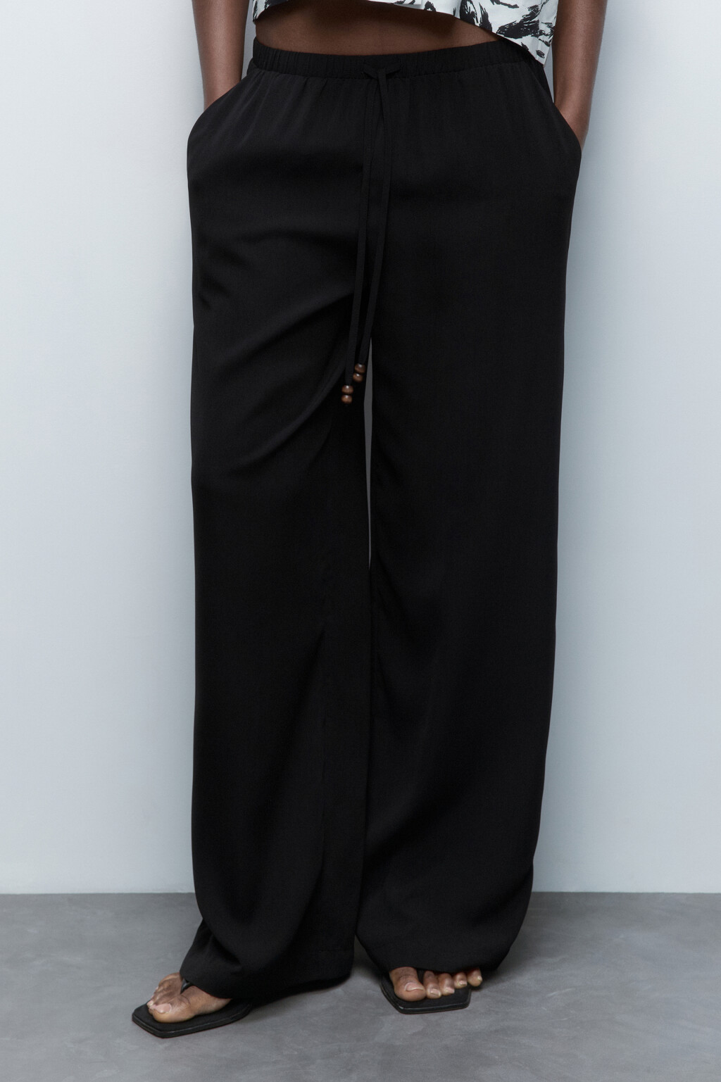 Брюки-палаццо широкие с завязками на поясе - цвет черный - 2