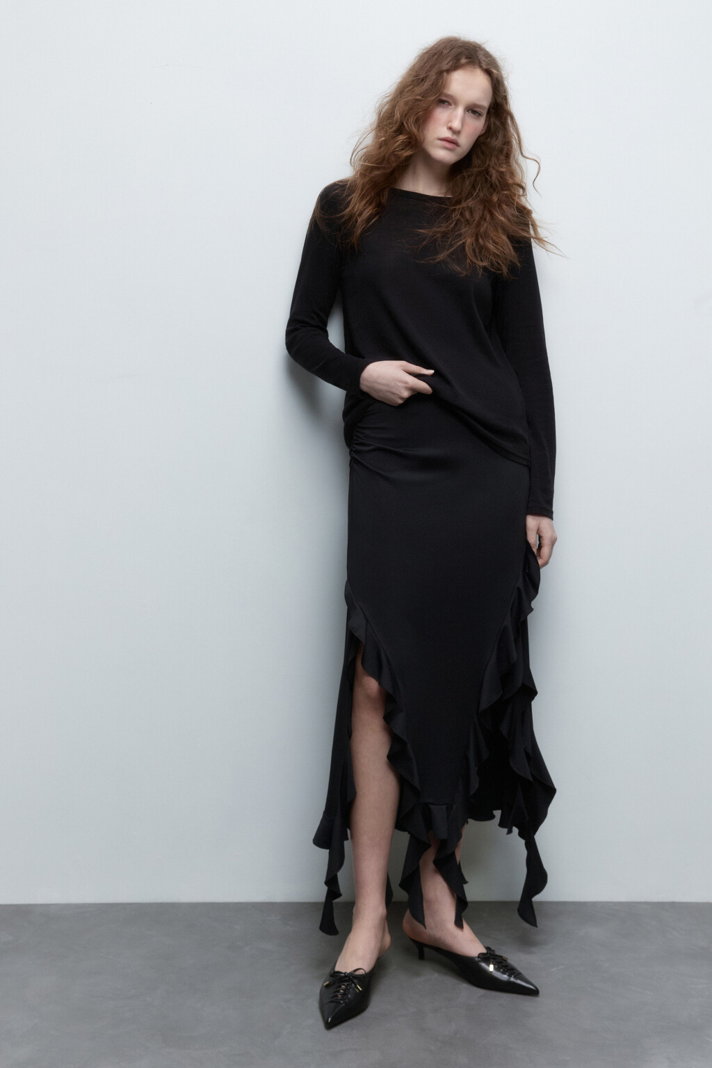 Юбка миди с асимметричными воланами - цвет черный - 5
