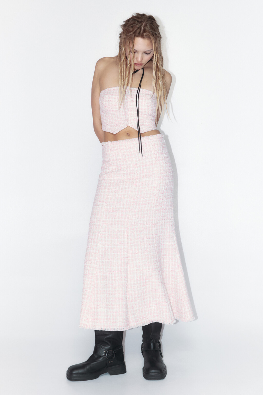 Юбка-годе миди твидовая - цвет розовый - 1