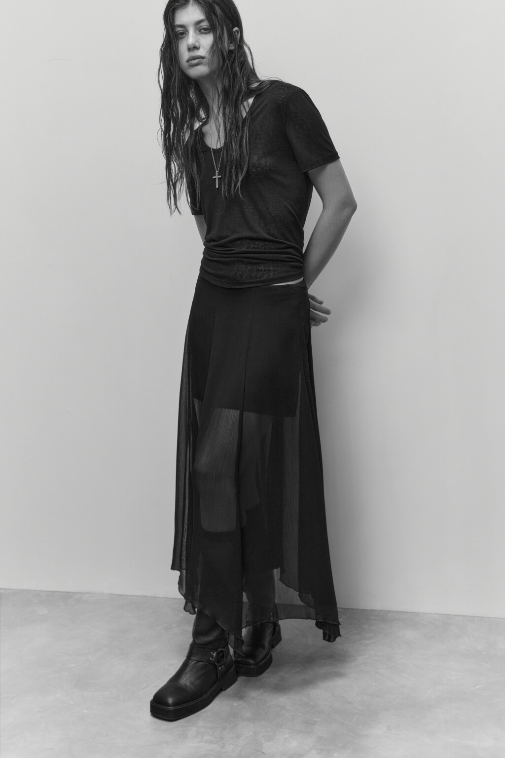 Юбка макси шифоновая с асимметричным низом - цвет черный - 1