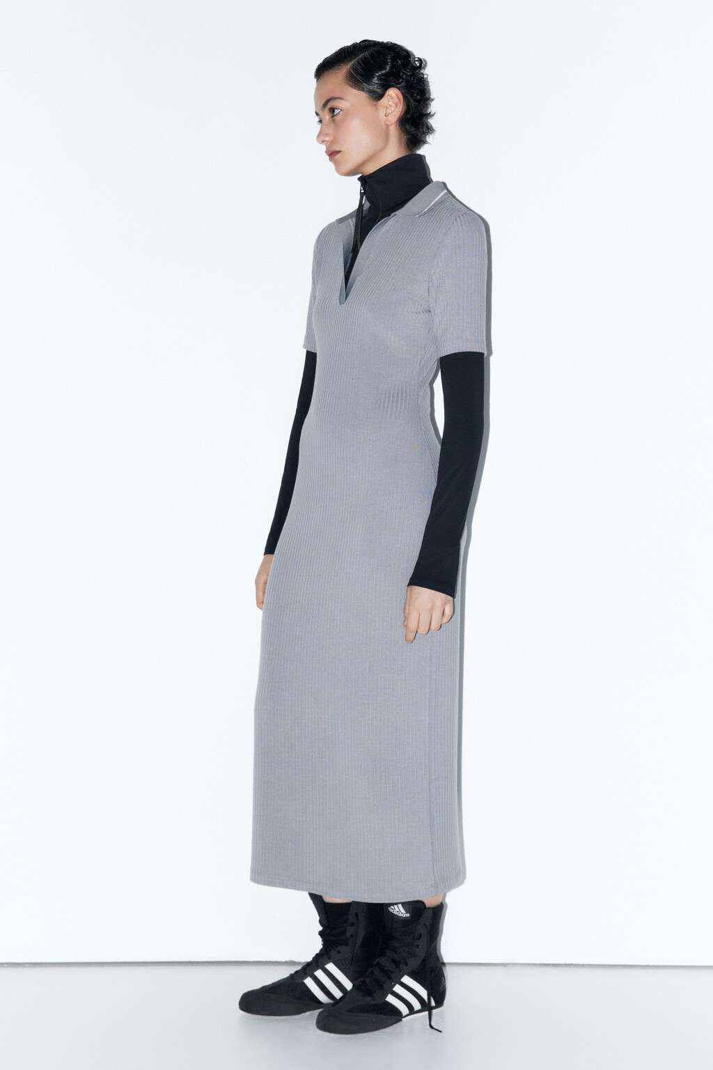 Платье-поло миди облегающее в рубчик - цвет серый - 3