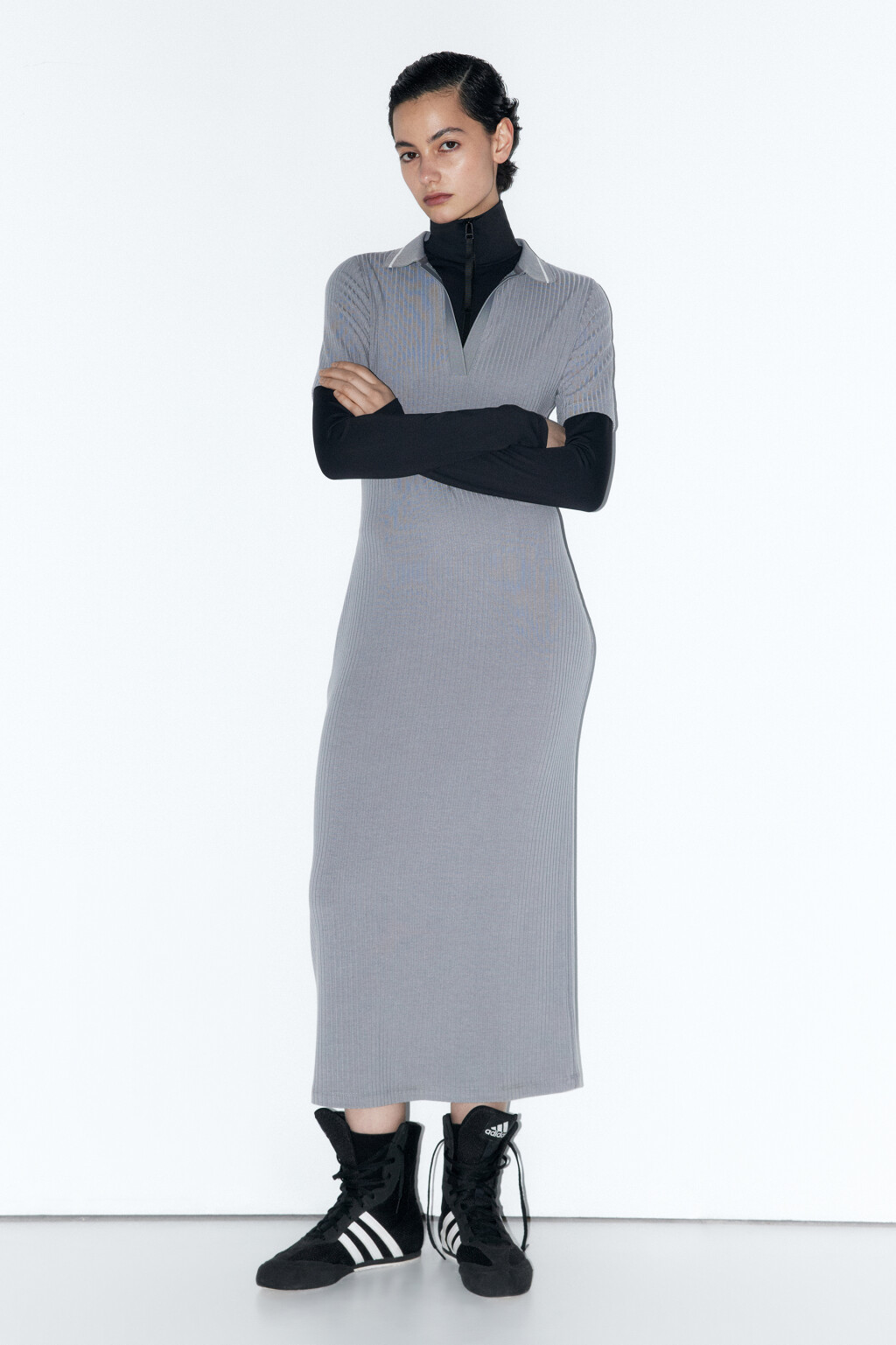Платье-поло миди облегающее в рубчик - цвет серый - 5