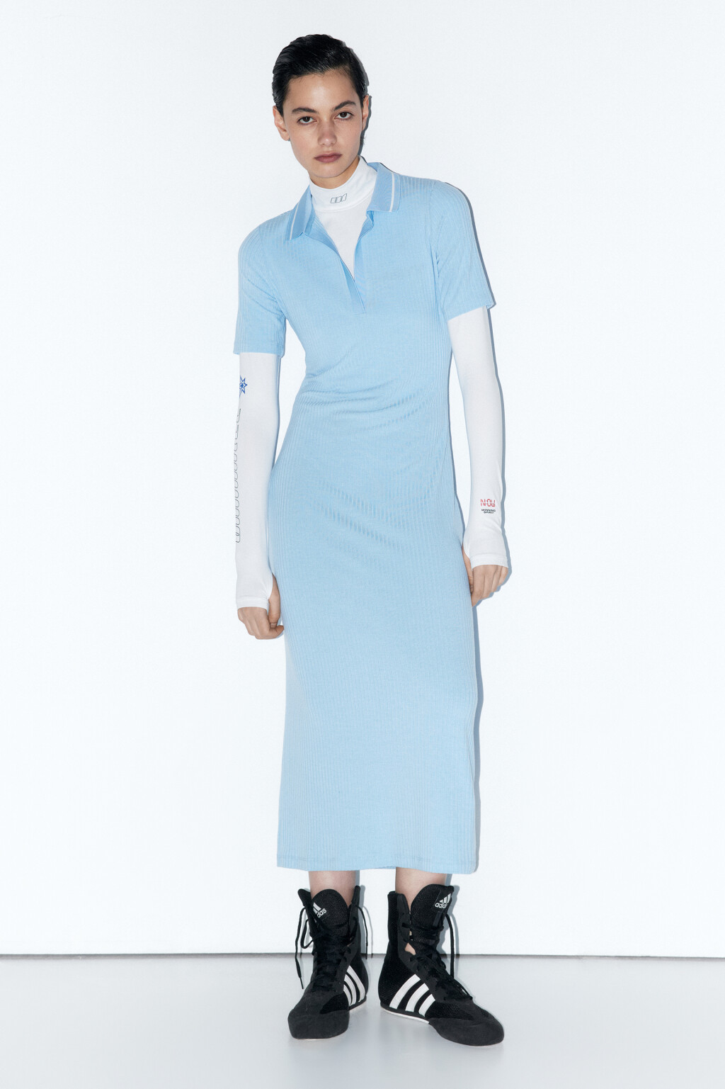 Платье-поло миди облегающее в рубчик - цвет голубой - 1