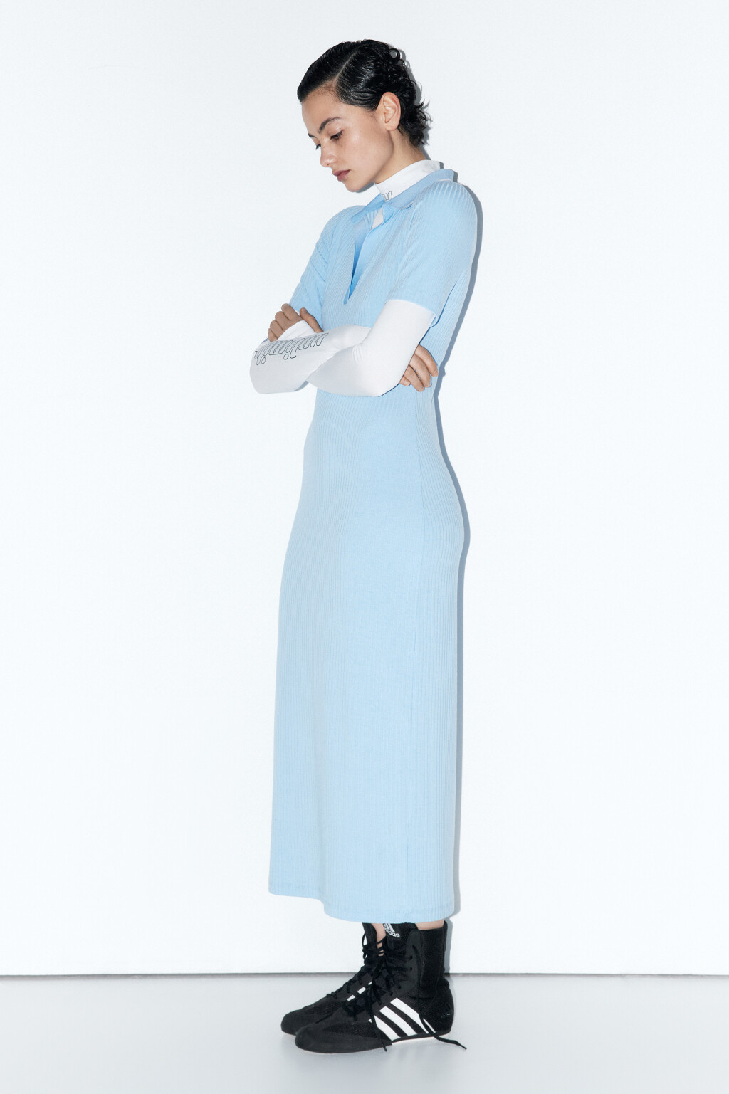Платье-поло миди облегающее в рубчик - цвет голубой - 2