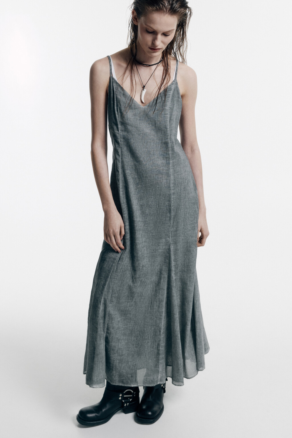 Платье-сарафан миди из вареного хлопка - цвет серый - 1