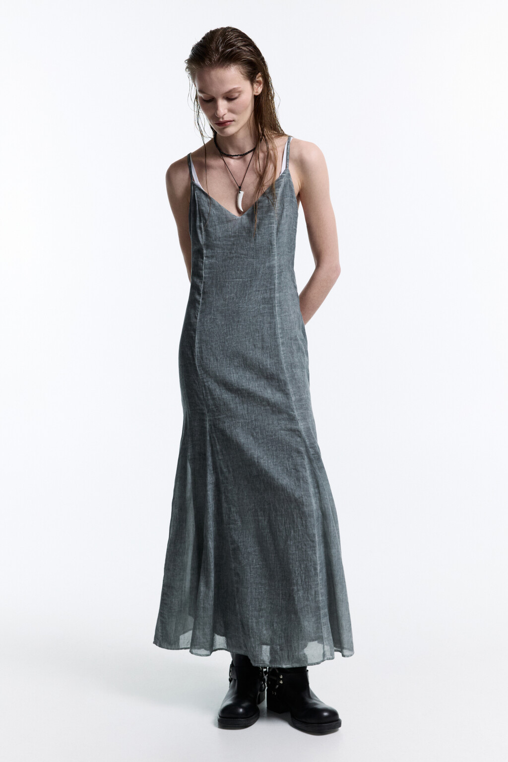 Платье-сарафан миди из вареного хлопка - цвет серый - 2