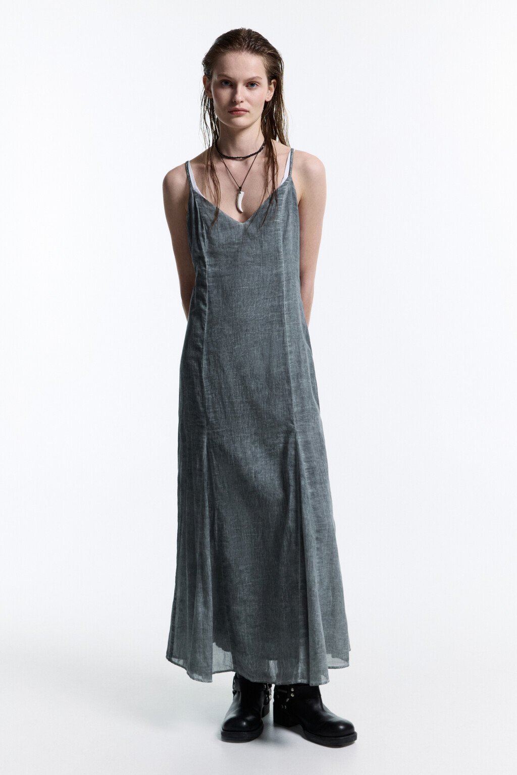 Платье-сарафан миди из вареного хлопка - цвет серый - 5