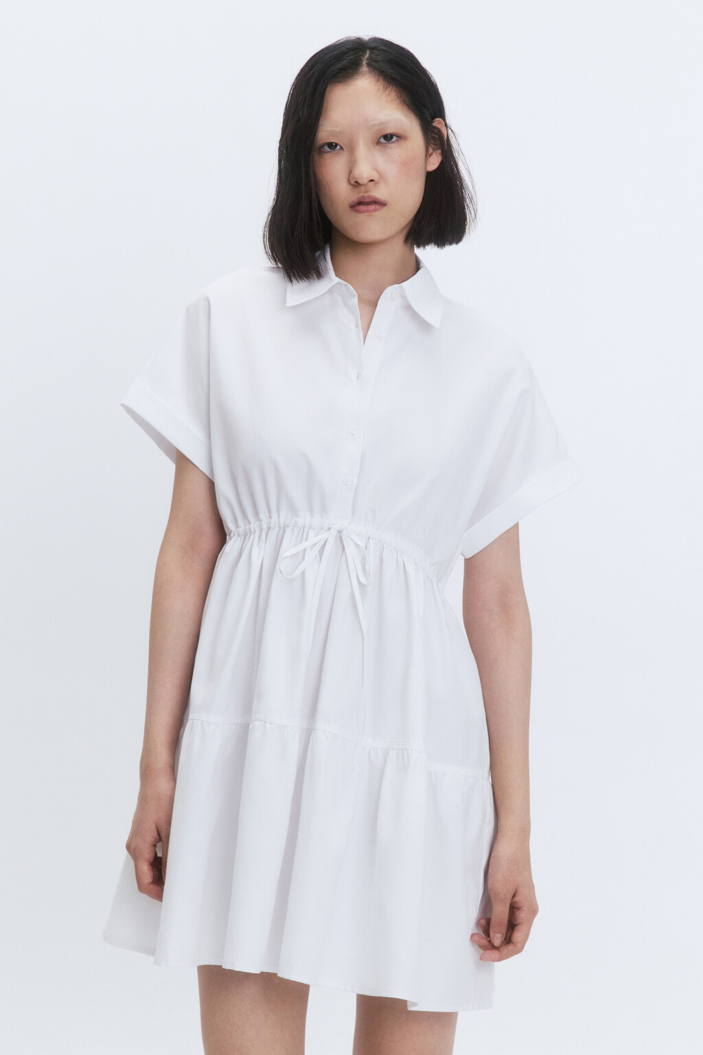 Платье-рубашка мини с ярусной юбкой - цвет белый - 3