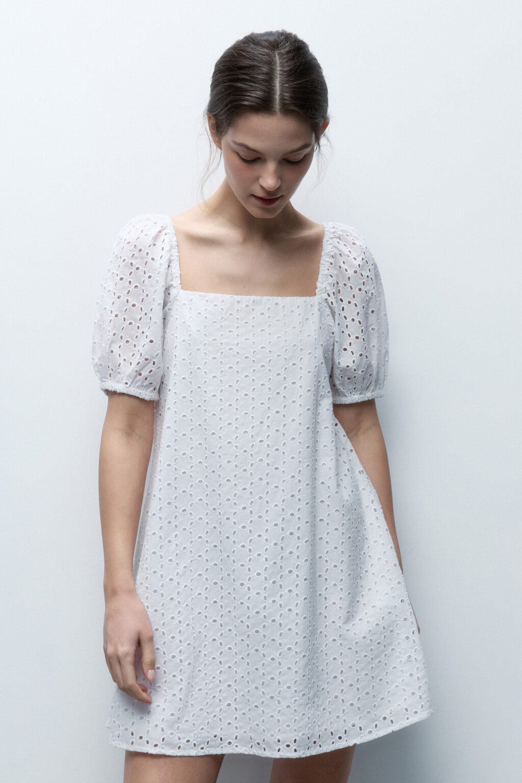 Платье А-силуэта хлопковое ажурное - цвет белый - 2