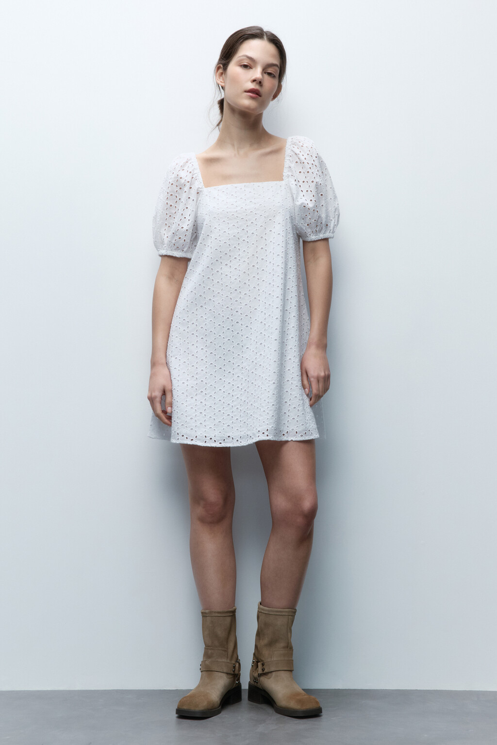 Платье А-силуэта хлопковое ажурное - цвет белый - 5