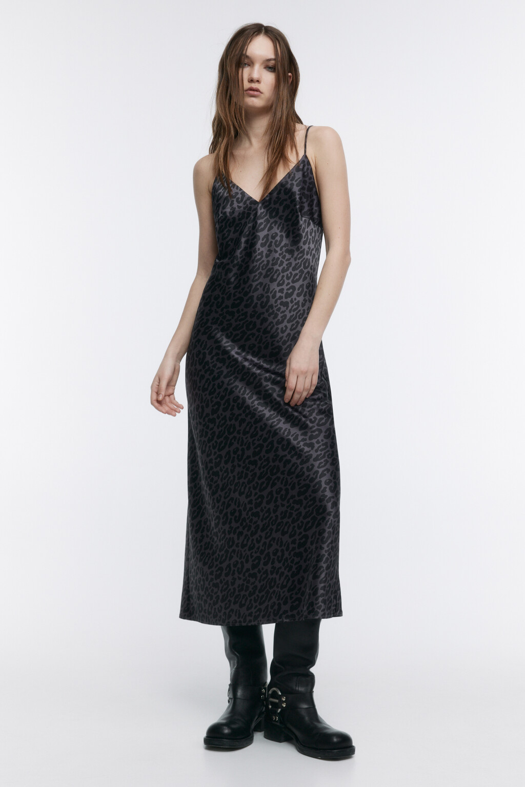 Платье-комбинация миди атласное - цвет черный - 3