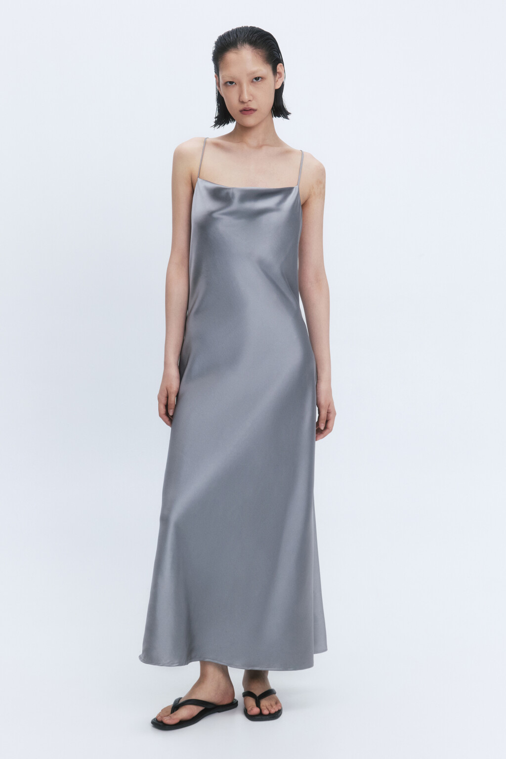 Платье-комбинация миди атласное на бретельках - цвет серый - 4