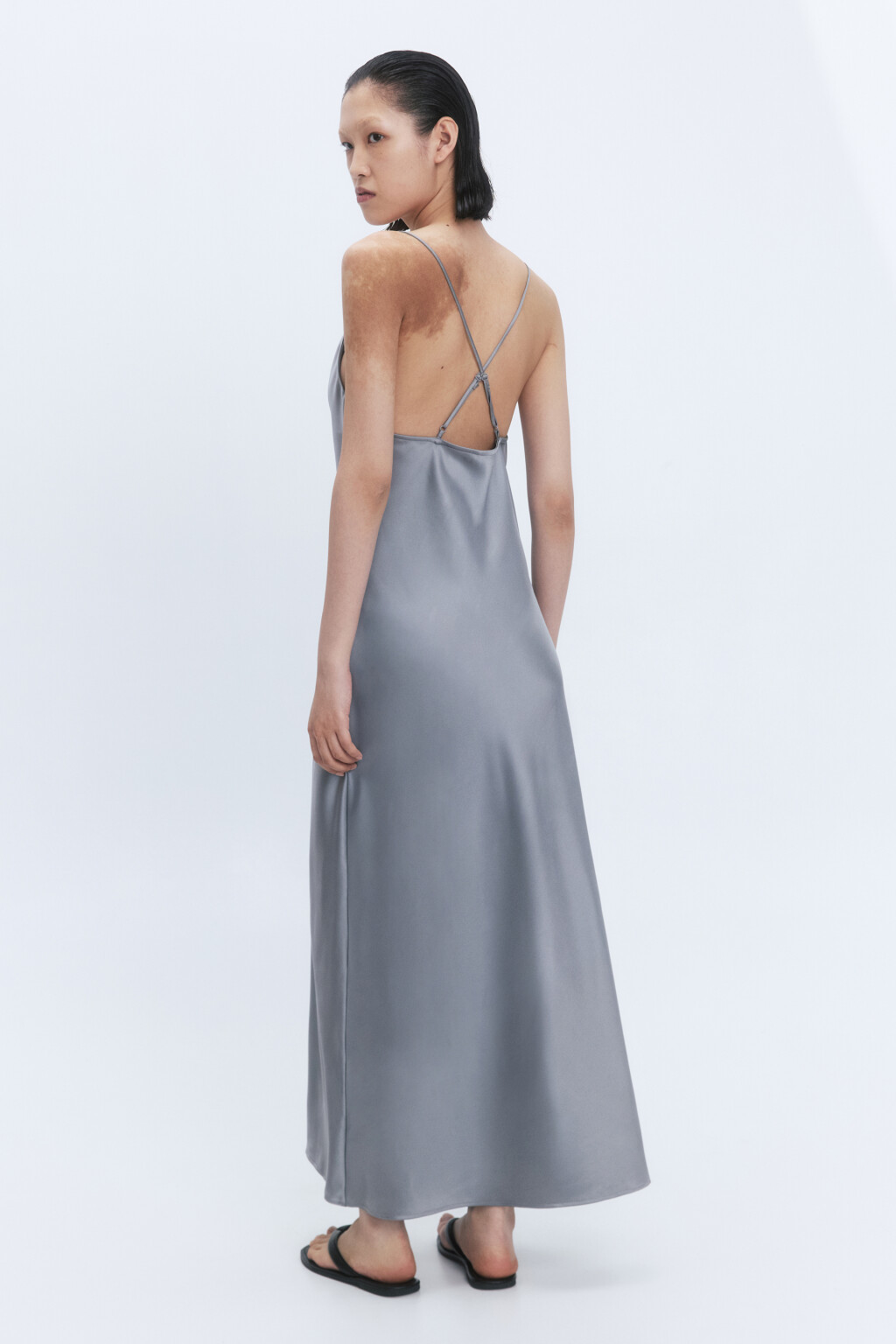 Платье-комбинация миди атласное на бретельках - цвет серый - 6
