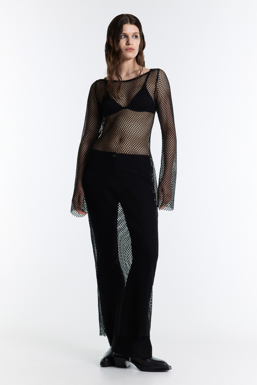 Платье макси из сетки с длинными рукавами - цвет черный - 2