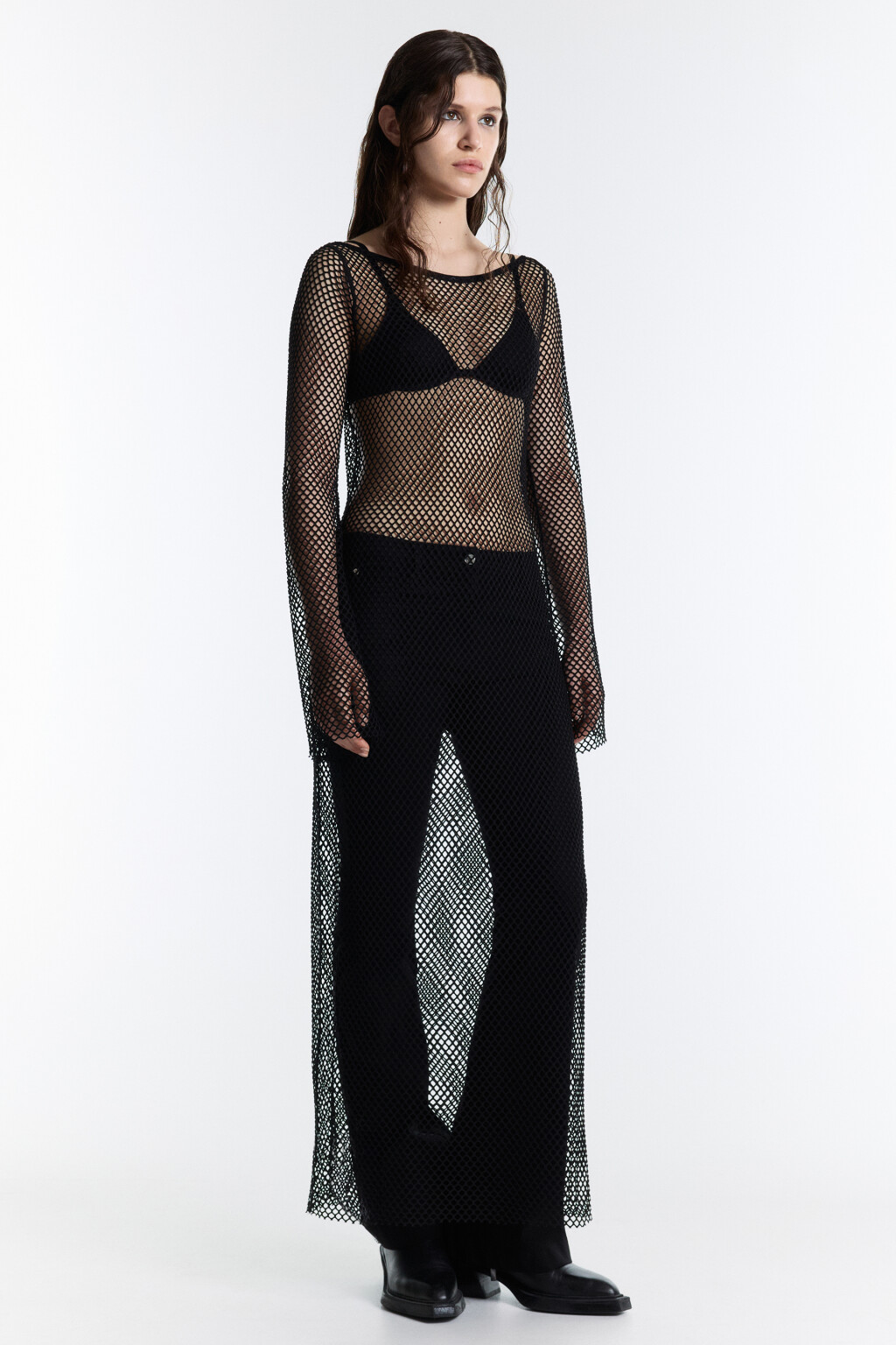 Платье макси из сетки с длинными рукавами - цвет черный - 3