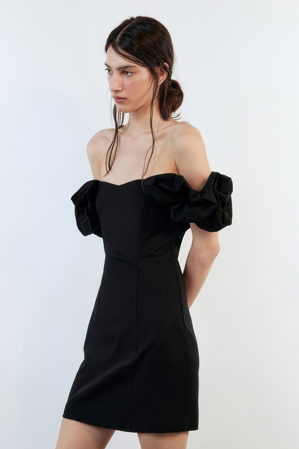 Платье облегающее с корсетом и пышными рукавами - цвет черный - 5