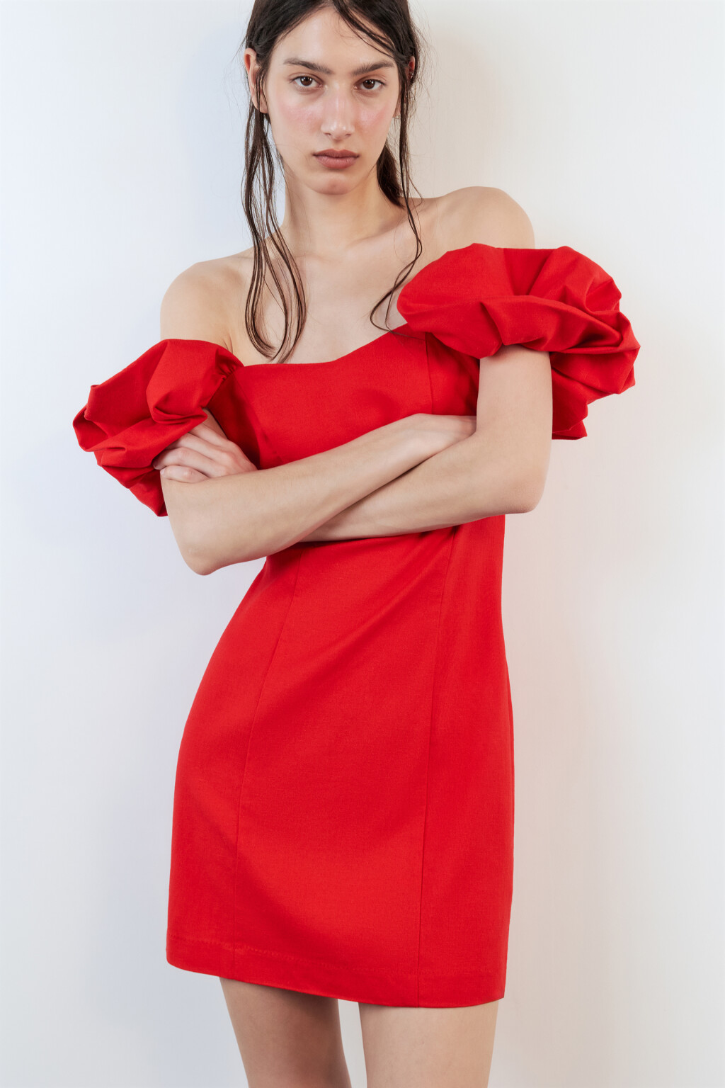 Платье облегающее с корсетом и пышными рукавами - цвет красный - 3