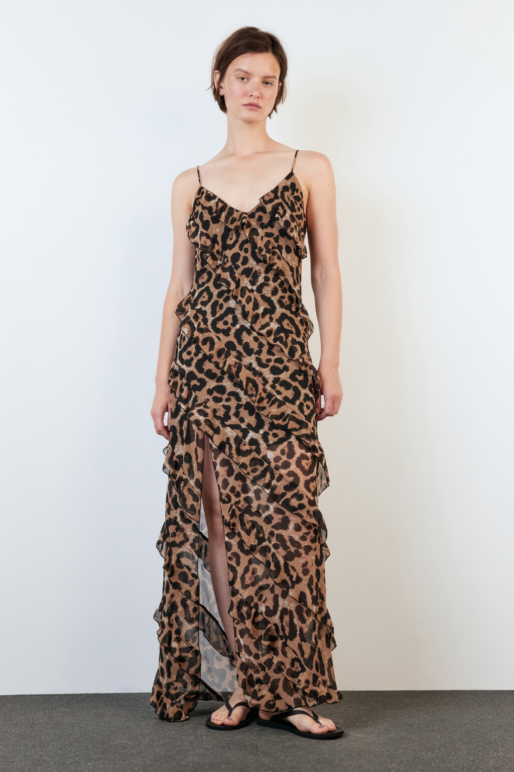 Платье-комбинация макси шифоновое с воланами - цвет бежевый - 2