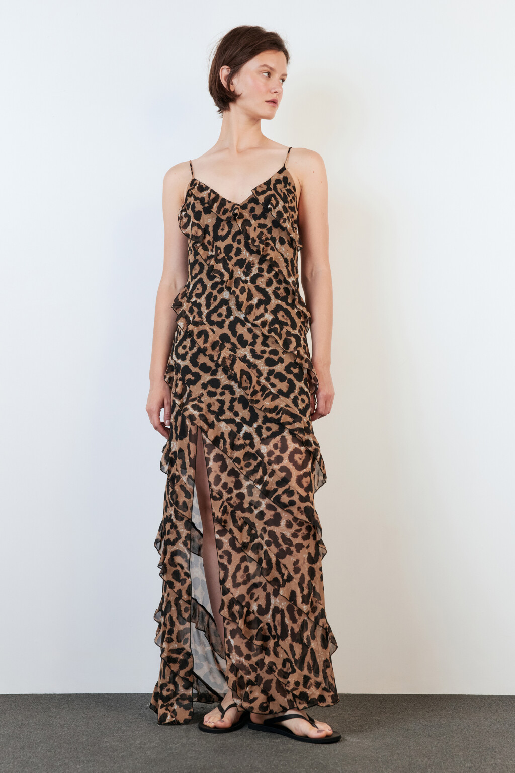 Платье-комбинация макси шифоновое с воланами - цвет бежевый - 5