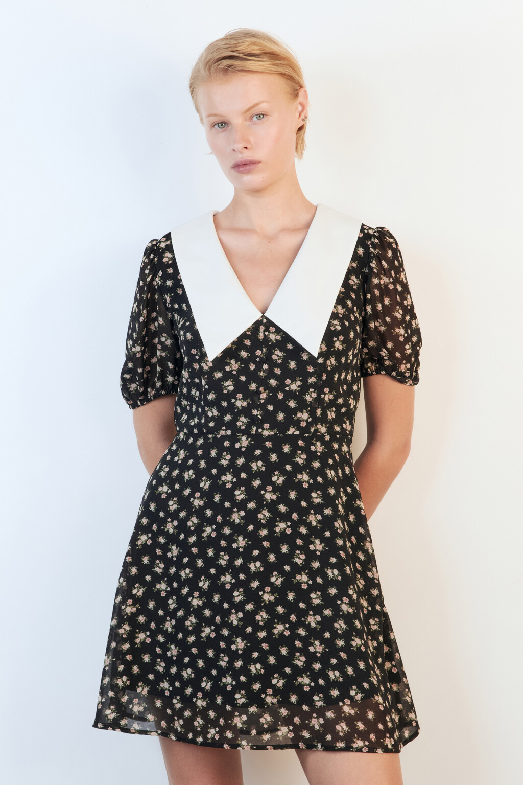 Платье мини шифоновое с белым воротничком - цвет черный - 3