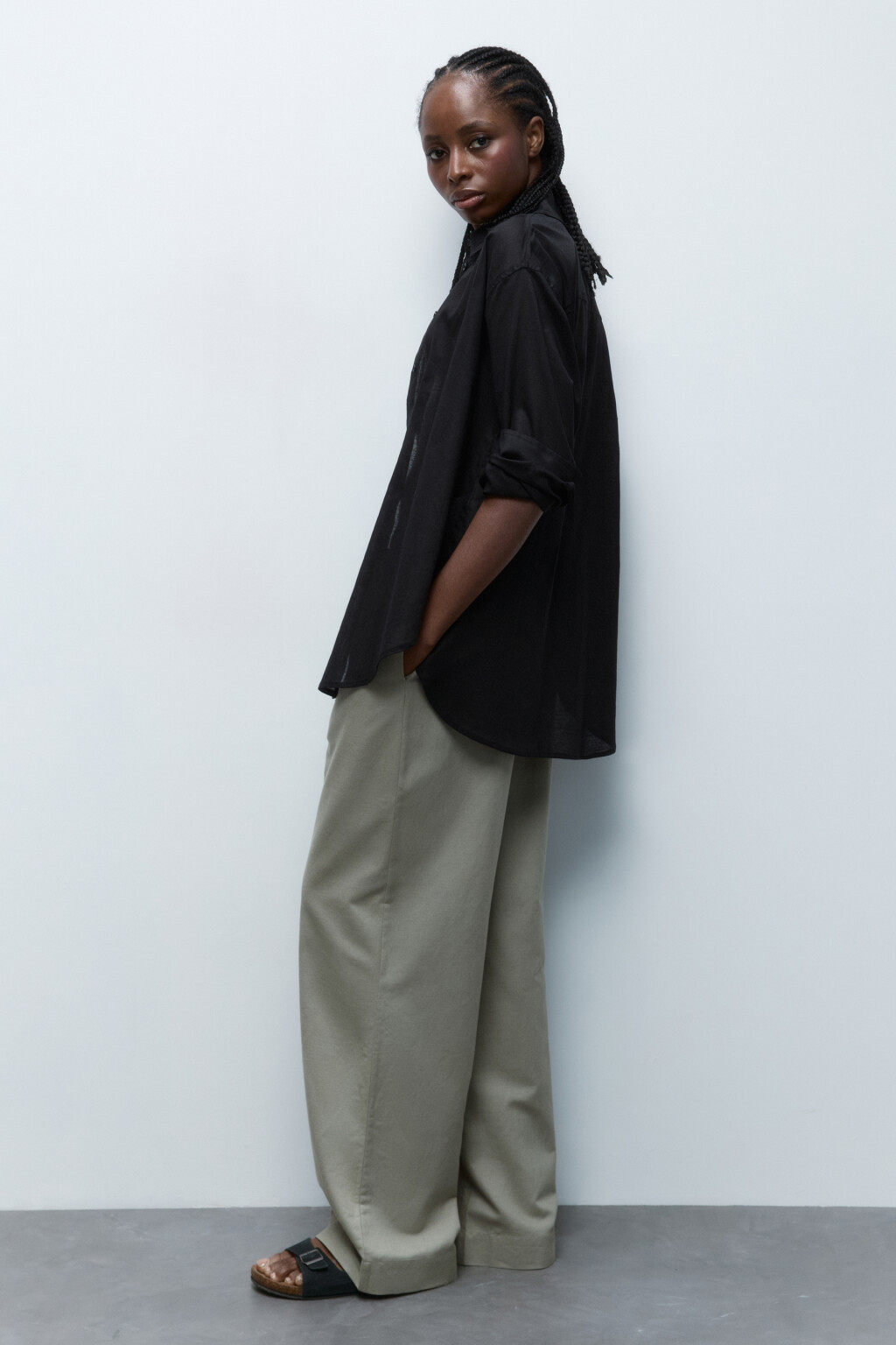 Рубашка льняная с длинным рукавом - цвет черный - 2