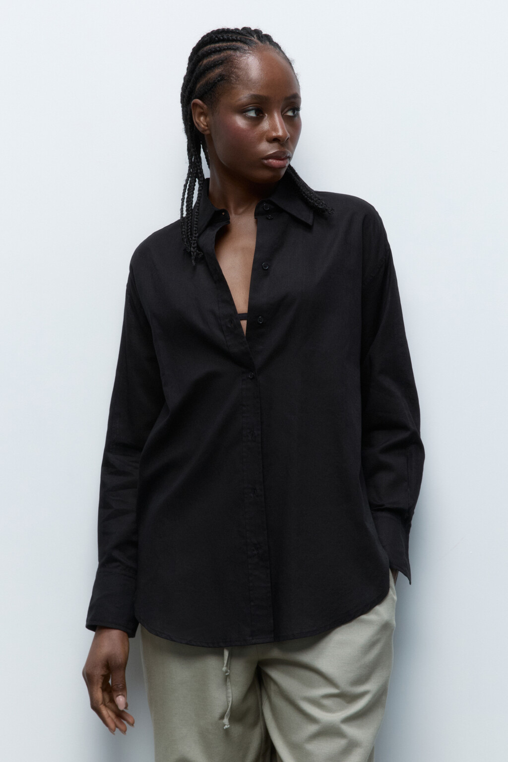 Рубашка льняная с длинным рукавом - цвет черный - 3