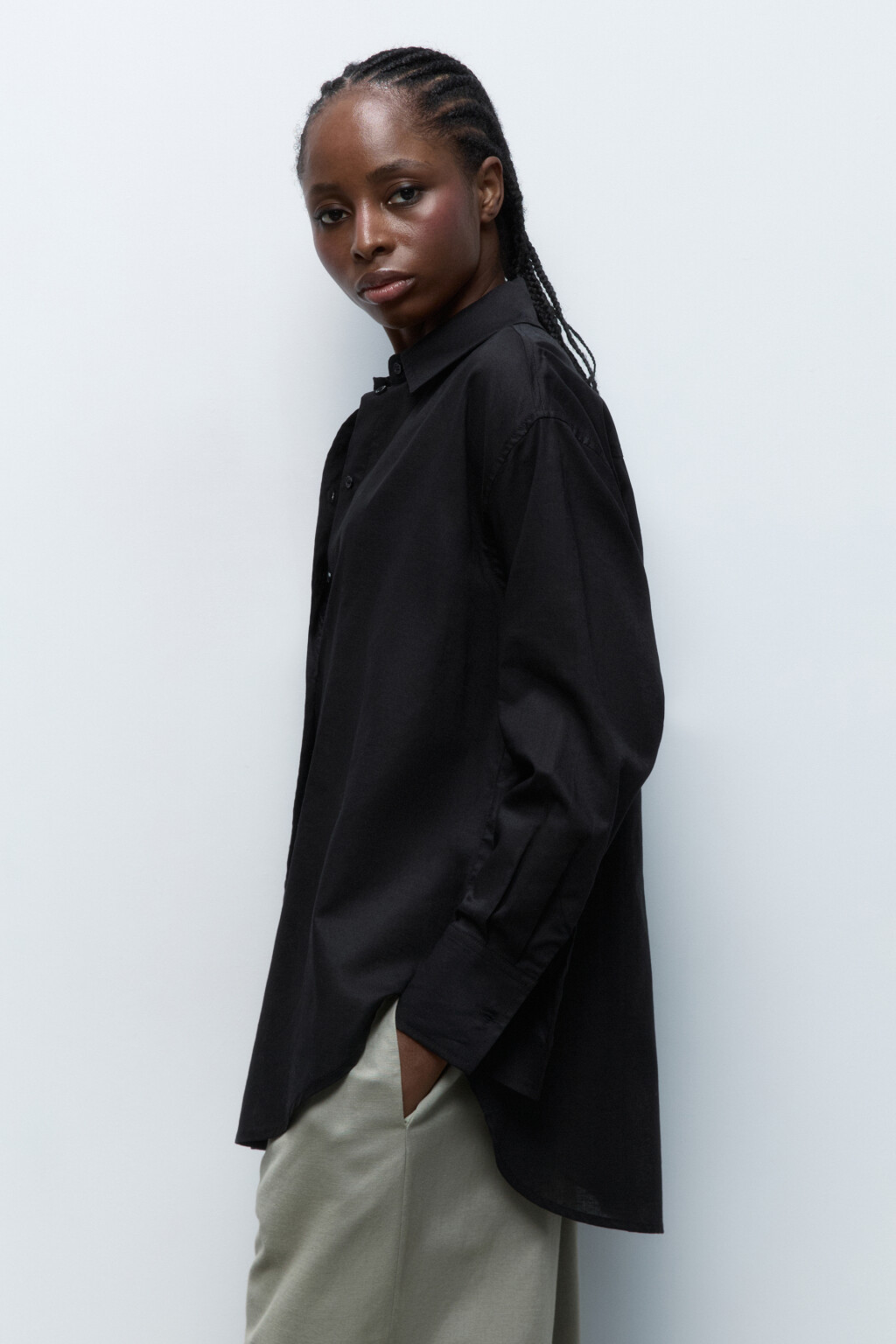 Рубашка льняная с длинным рукавом - цвет черный - 4