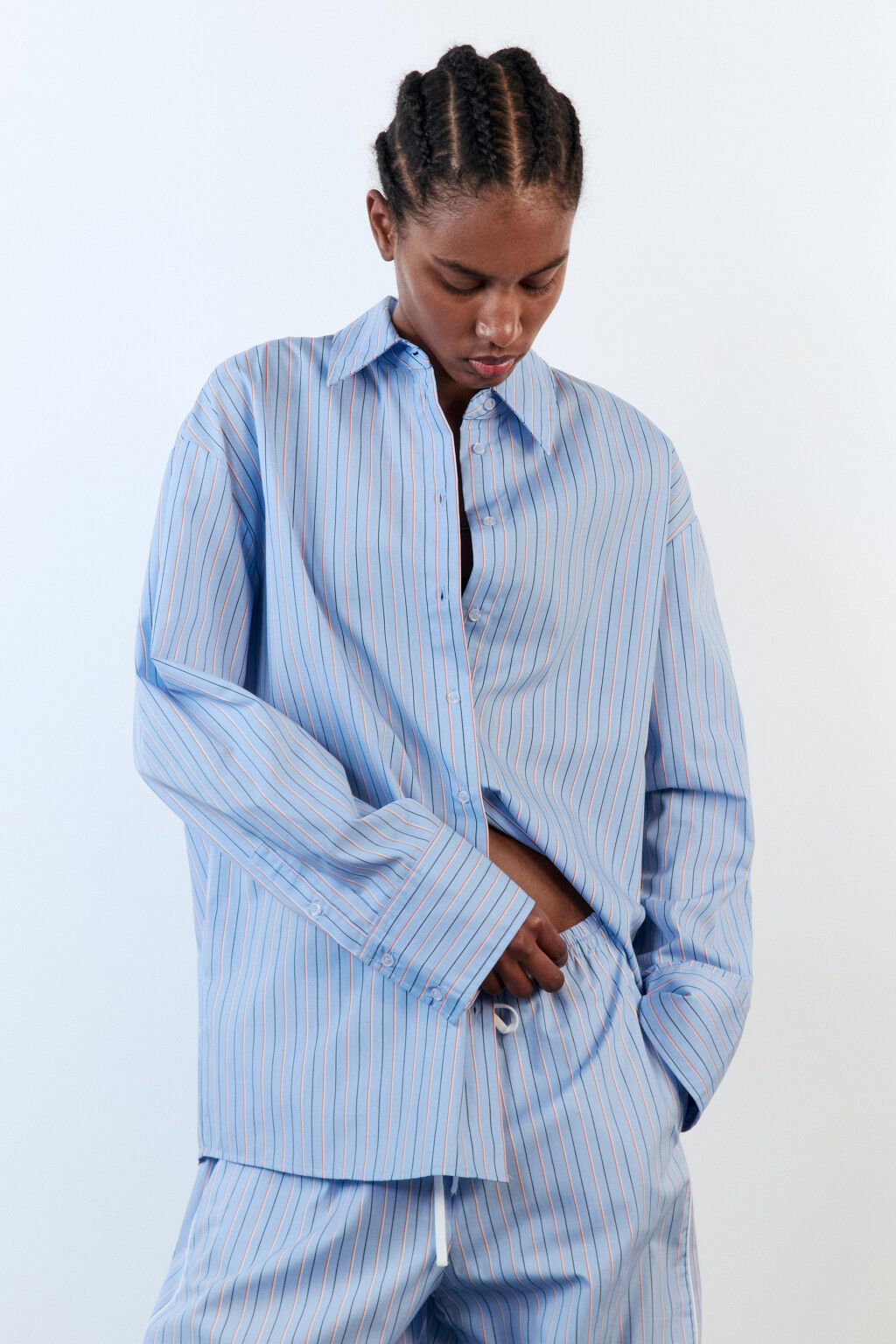 Рубашка свободная с принтом в полоску - цвет голубой - 3