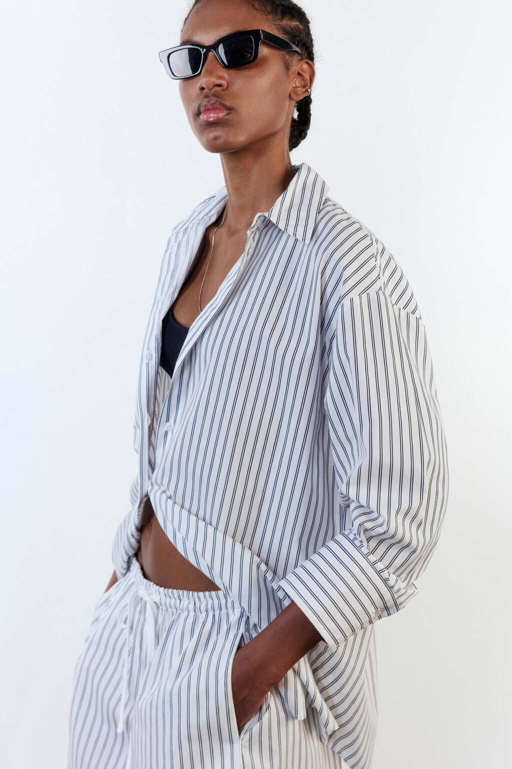 Рубашка свободная с принтом в полоску - цвет белый - 3