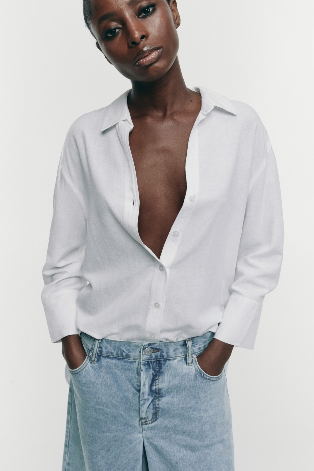 Рубашка oversize льняная с рукавами 7/8 - цвет белый - 1