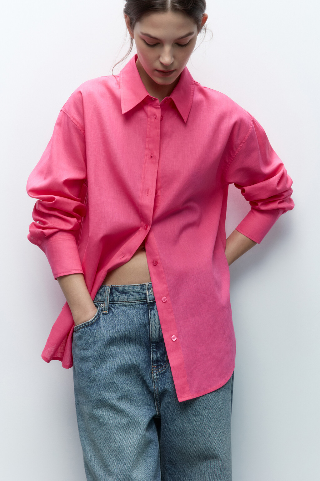 Рубашка льняная с длинным рукавом - цвет розовый - 1