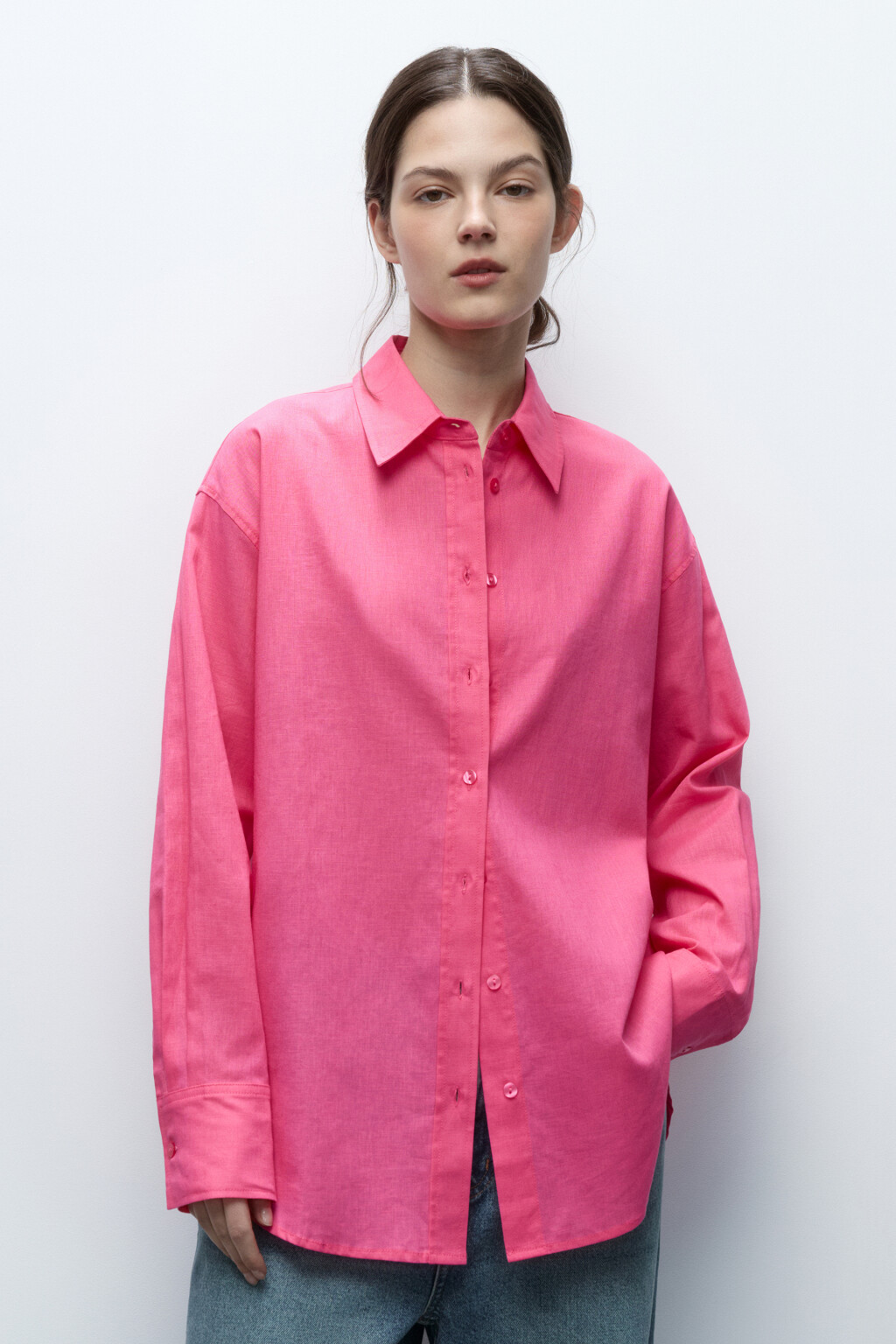 Рубашка льняная с длинным рукавом - цвет розовый - 2