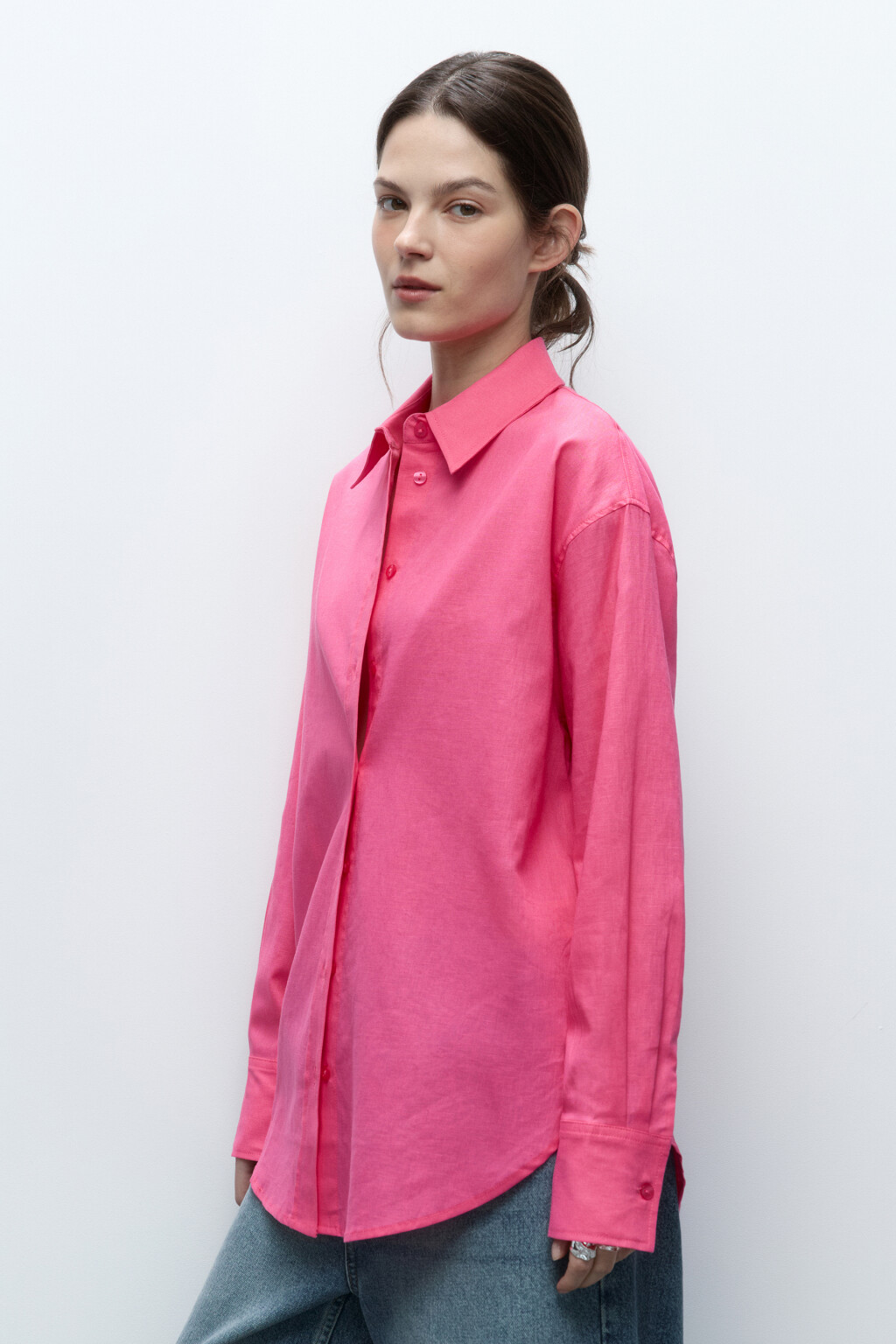 Рубашка льняная с длинным рукавом - цвет розовый - 3