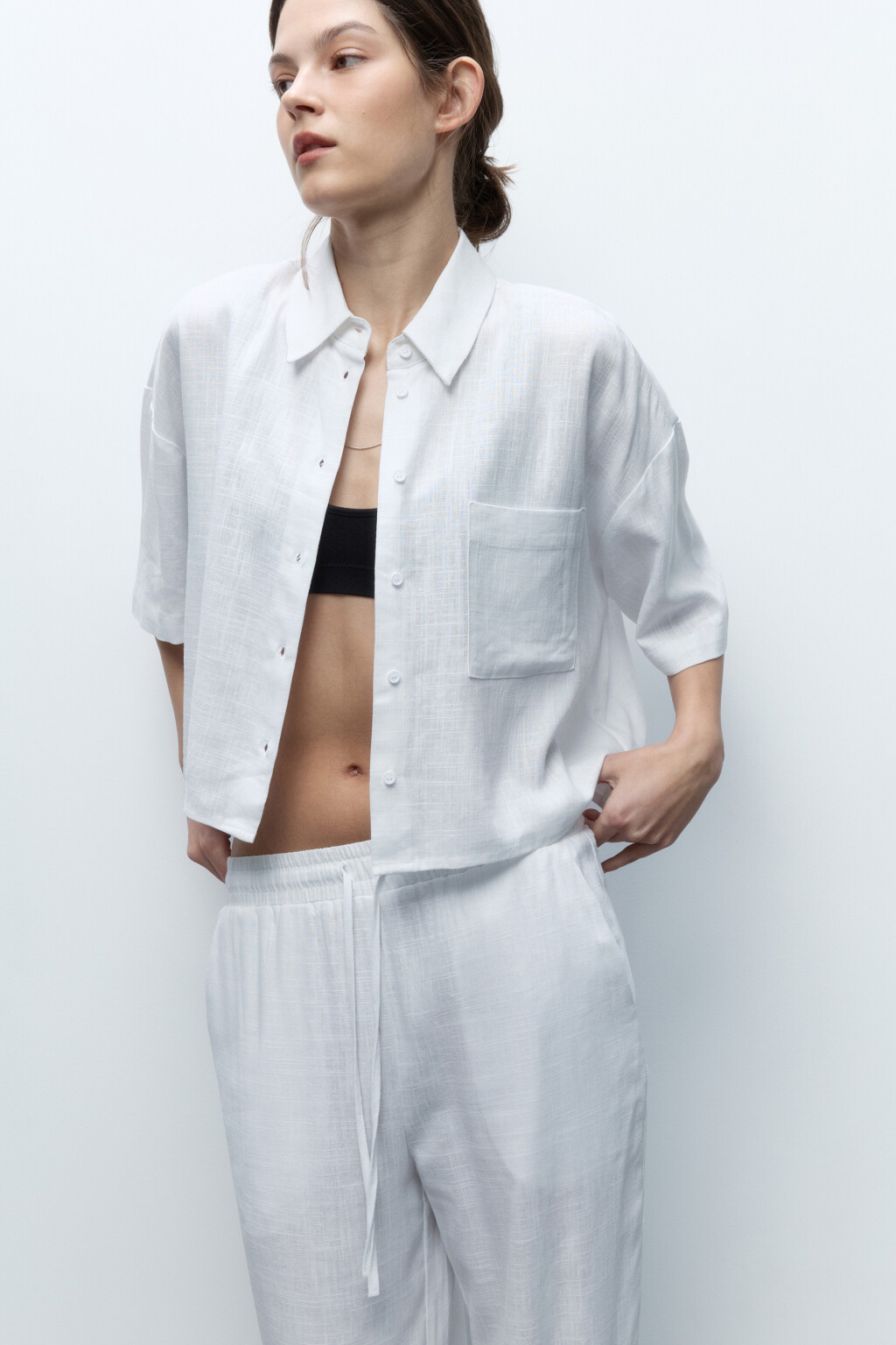 Рубашка льняная с коротким рукавом - цвет белый - 1