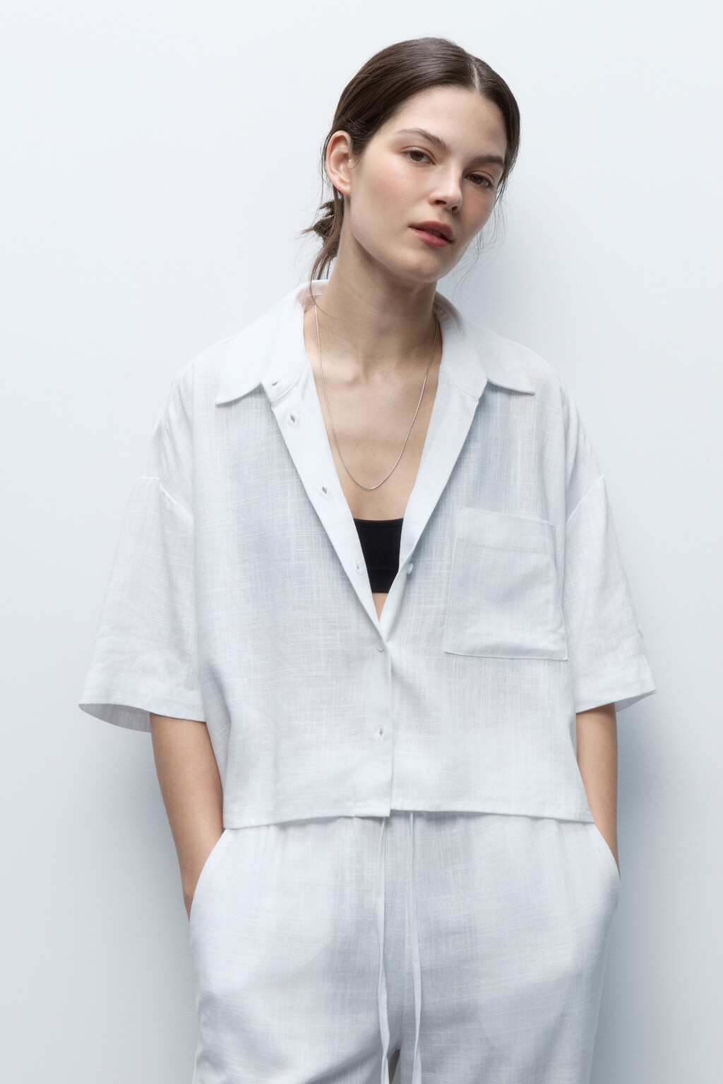 Рубашка льняная с коротким рукавом - цвет белый - 2