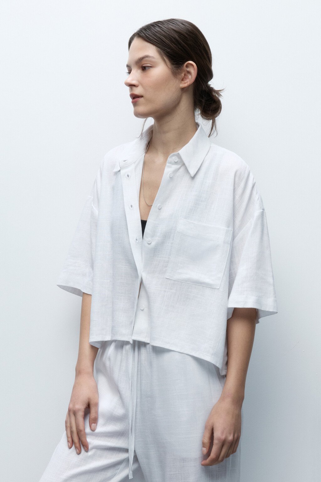 Рубашка льняная с коротким рукавом - цвет белый - 3