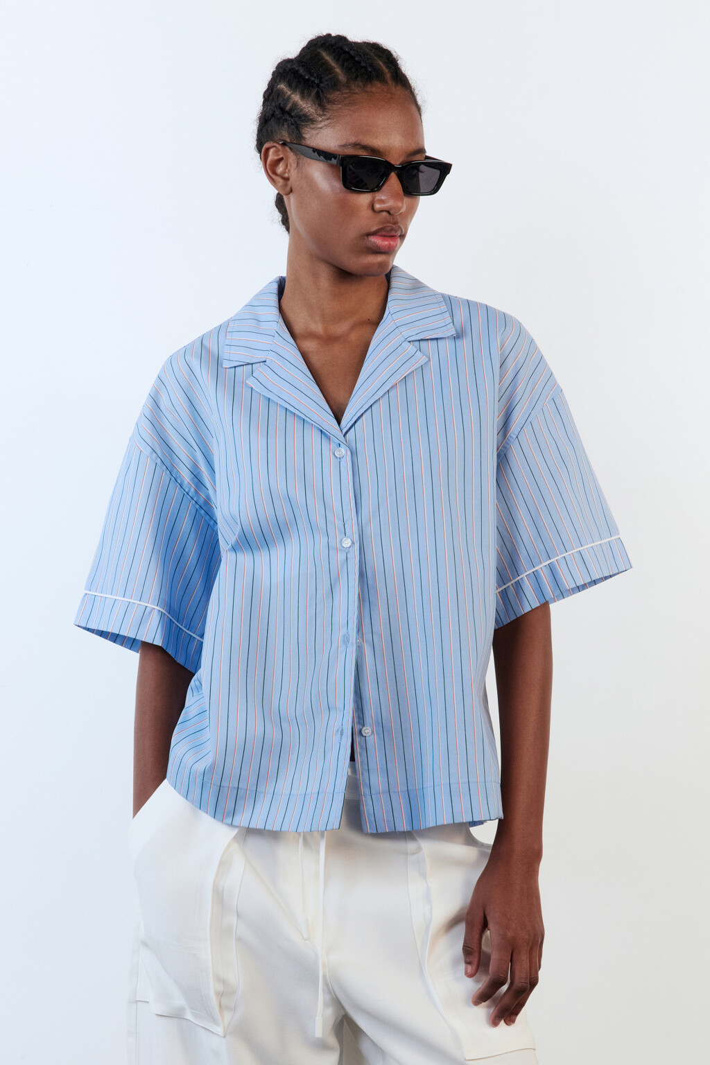 Рубашка в полоску с коротким рукавом - цвет голубой - 2