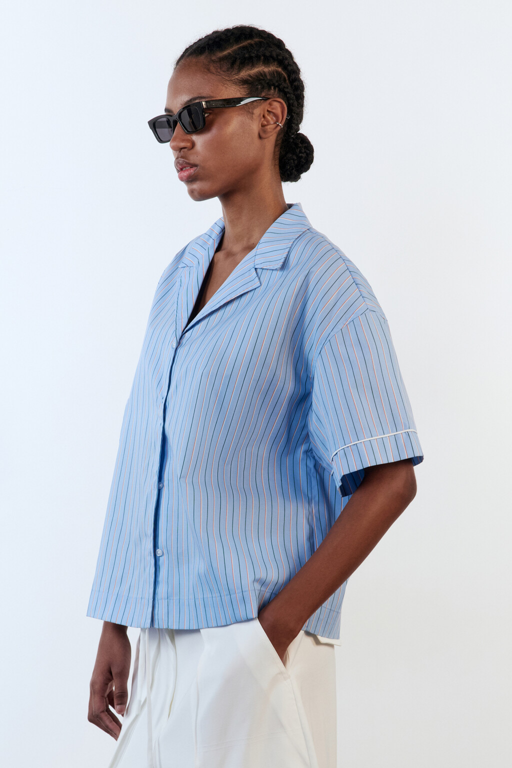 Рубашка в полоску с коротким рукавом - цвет голубой - 3
