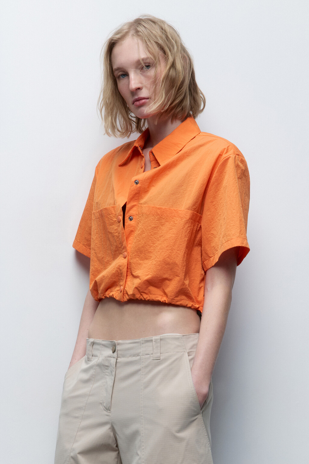 Рубашка укороченная с утяжками по низу - цвет оранжевый - 3