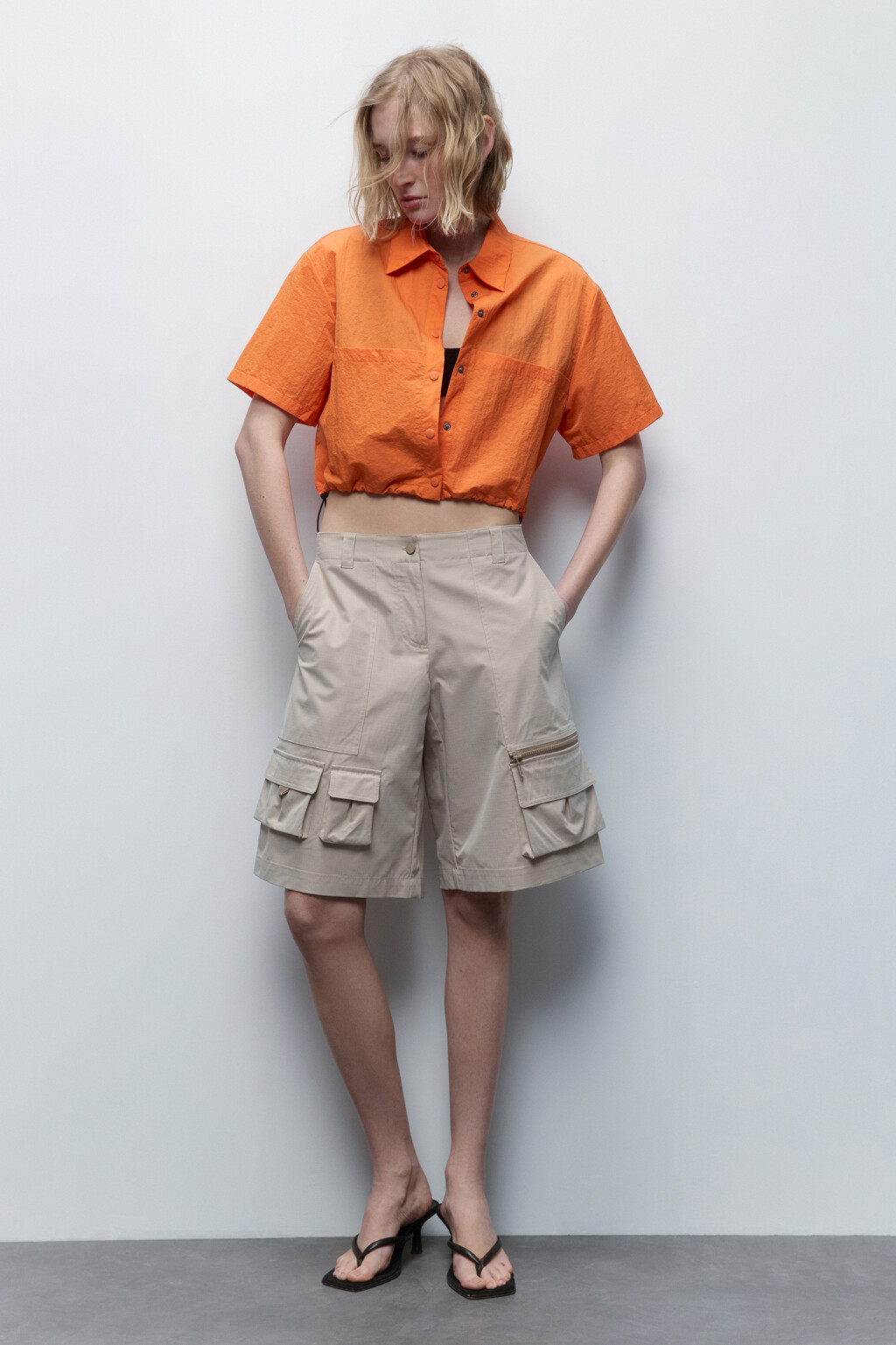 Рубашка укороченная с утяжками по низу - цвет оранжевый - 5