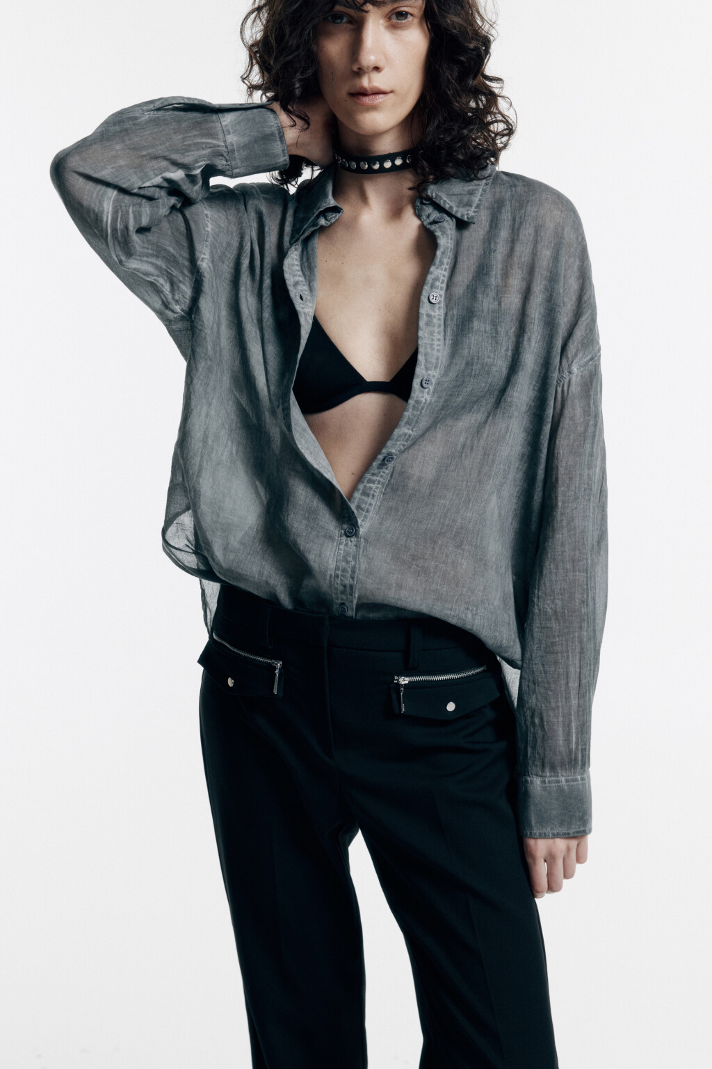 Рубашка oversize хлопковая с длинными рукавами - цвет серый - 2