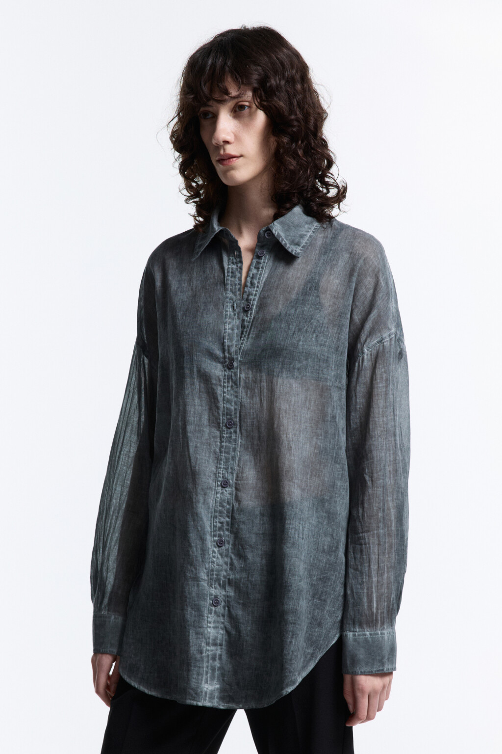 Рубашка oversize хлопковая с длинными рукавами - цвет серый - 4