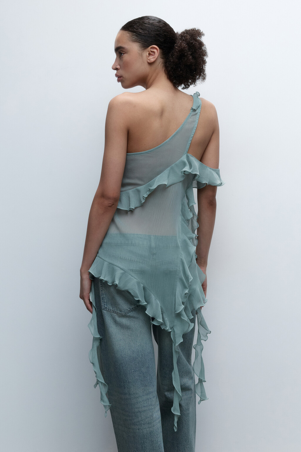 Блузка-топ шифоновая с асимметричными воланами - цвет мятный - 5