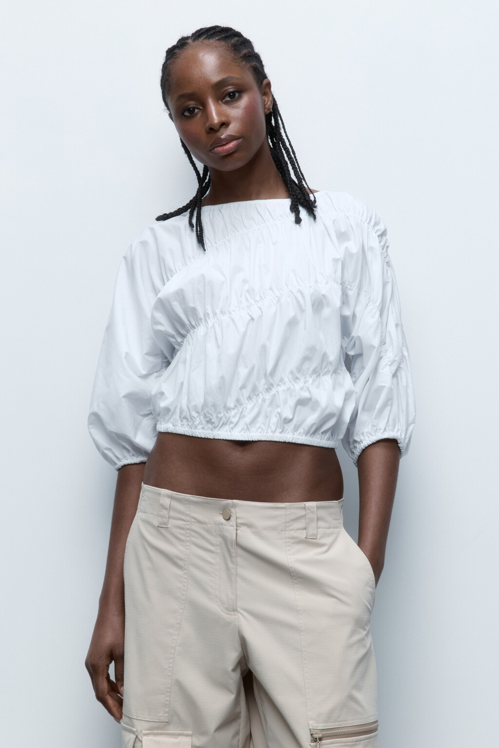 Блузка-топ хлопковая с жатым эффектом - цвет белый - 1