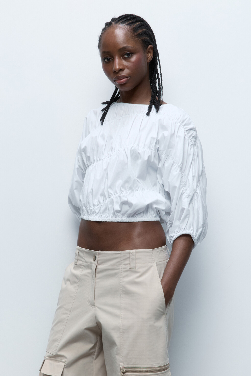 Блузка-топ хлопковая с жатым эффектом - цвет белый - 3