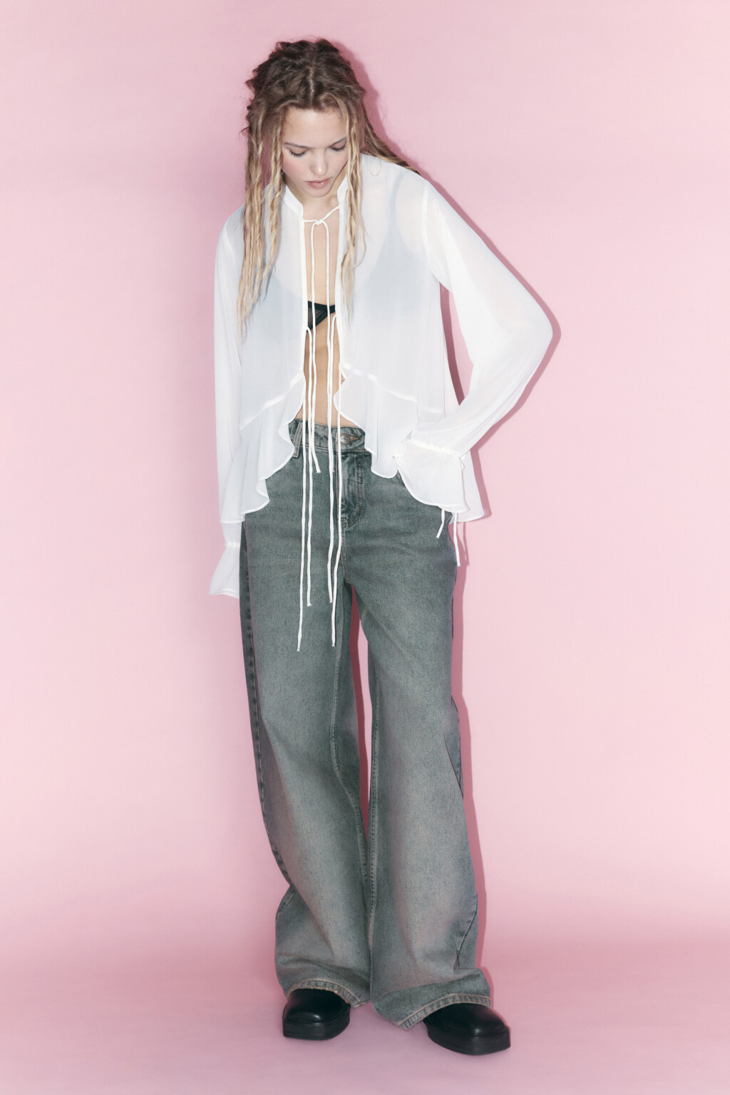 Блузка шифоновая с воланами и завязками - цвет молочный - 5