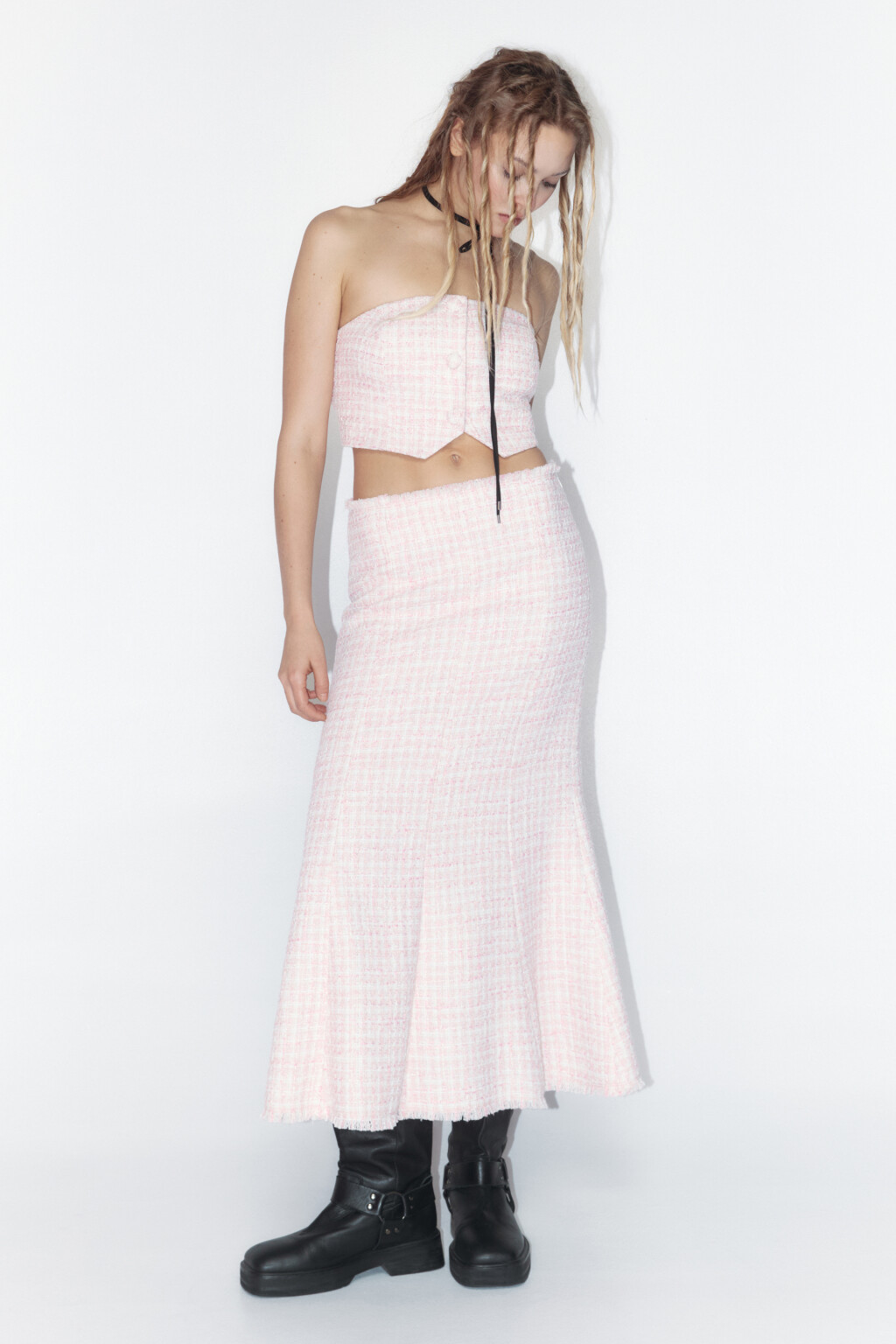 Топ-корсет твидовый с пуговицами - цвет розовый - 4