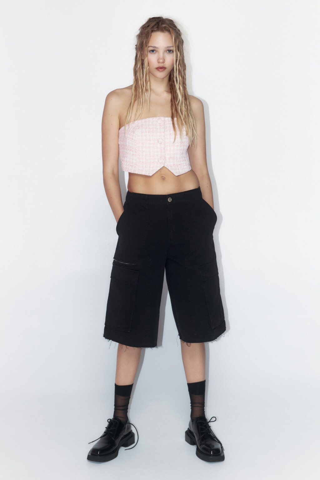 Топ-корсет твидовый с пуговицами - цвет розовый - 5