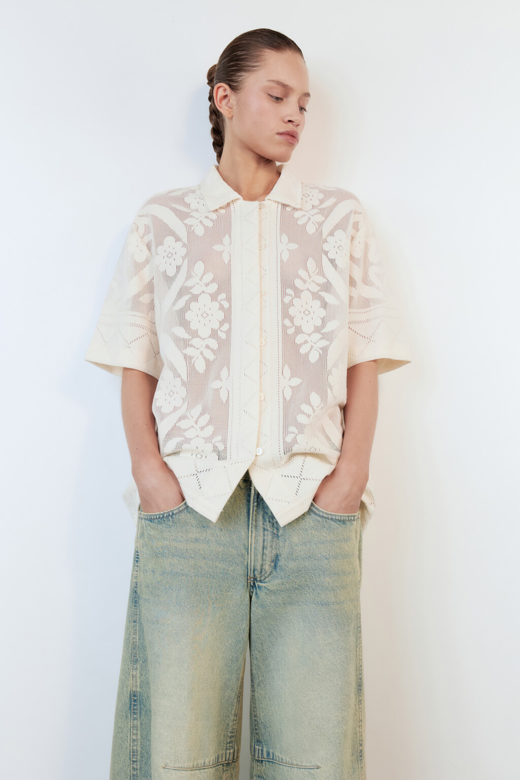 Блузка-рубашка ажурная с узором - цвет молочный - 2